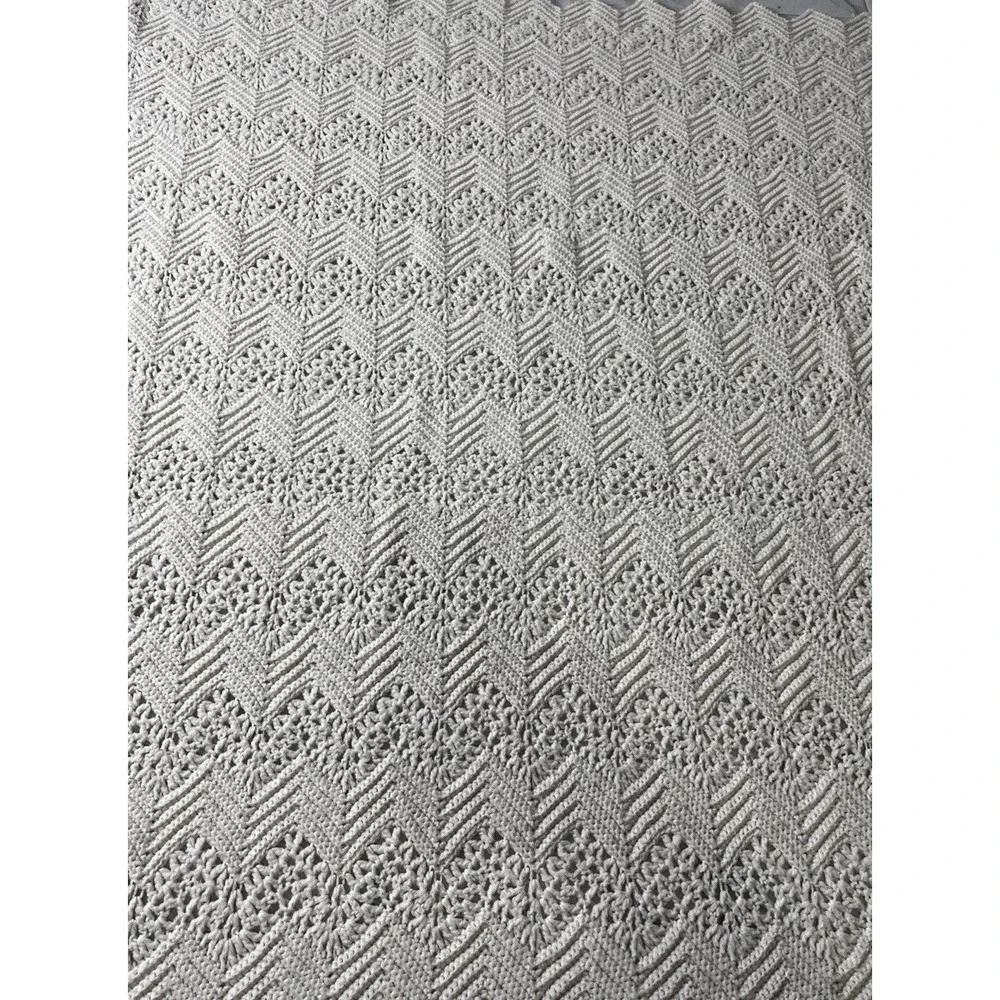 Vintage Off White Crochet Chevron Afghan Throw Blanket Handmade 61x40